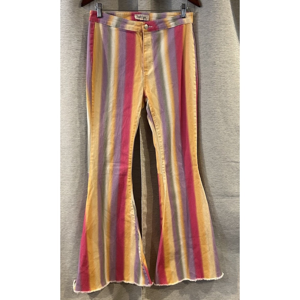 Peach Love California Striped Colorful Flare Bell Bottoms Jeans Pants Sz‎ Large